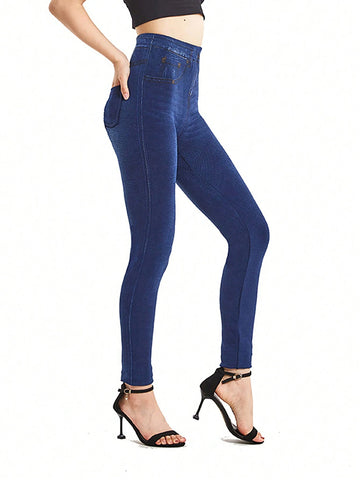Denim-Effect Print High Waist Leggings