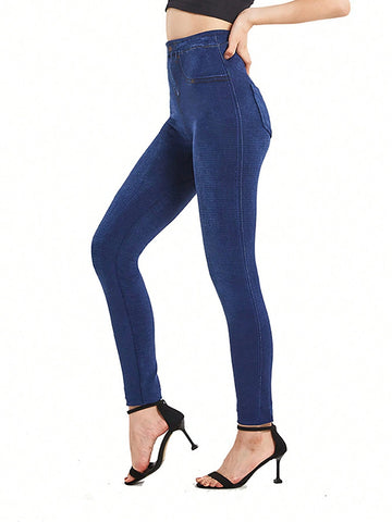 Denim-Effect Print High Waist Leggings