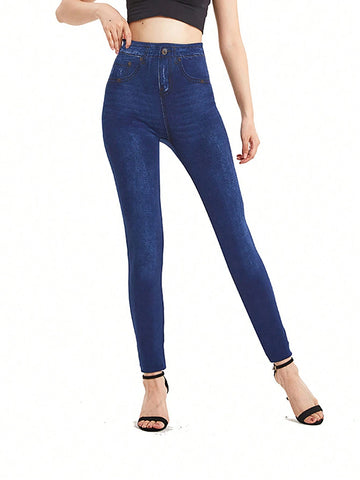 Denim-Effect Print High Waist Leggings