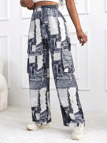 Denim-Look Loose-Fit Cargo Pants With Printed Design
