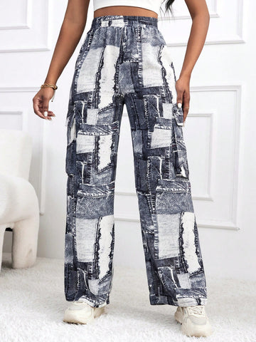 Denim-Look Loose-Fit Cargo Pants With Printed Design