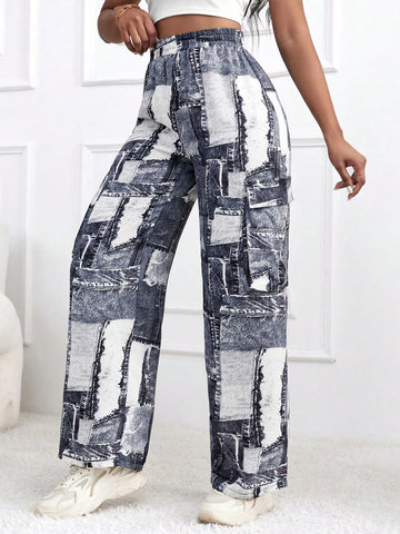 Denim-Look Loose-Fit Cargo Pants With Printed Design