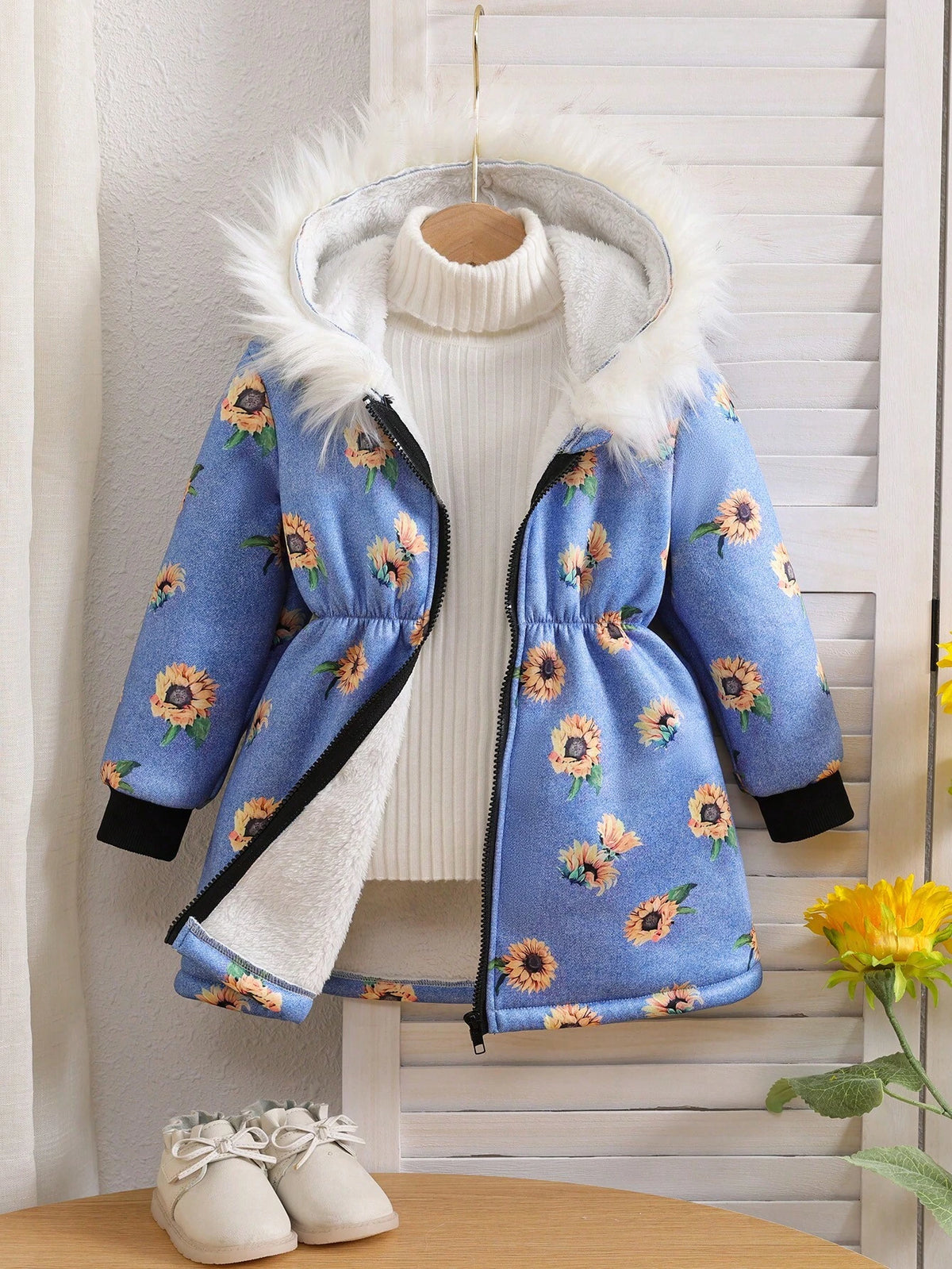 Denim Effect Fur Collar Thickened Warm Hooded Coat For Girls, Autumn & Winter