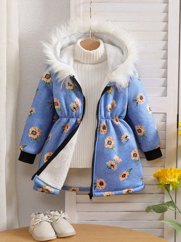 Denim Effect Fur Collar Thickened Warm Hooded Coat For Girls, Autumn & Winter