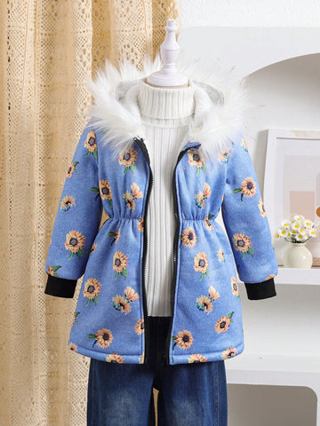 Denim Effect Fur Collar Thickened Warm Hooded Coat For Girls, Autumn & Winter