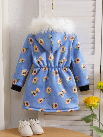 Denim Effect Fur Collar Thickened Warm Hooded Coat For Girls, Autumn & Winter