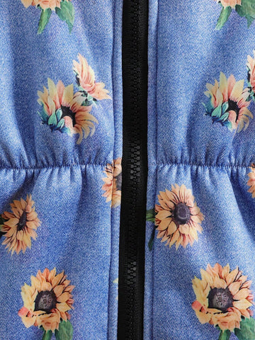 Denim Effect Fur Collar Thickened Warm Hooded Coat For Girls, Autumn & Winter