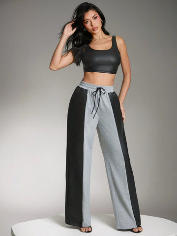 Denimoi Wide Leg PU Leather Mixed Sweatpants With Pockets