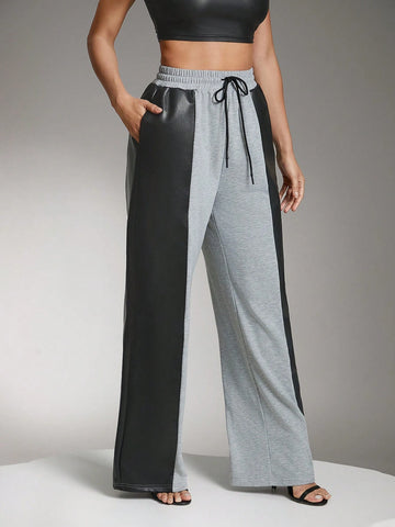 Denimoi Wide Leg PU Leather Mixed Sweatpants With Pockets