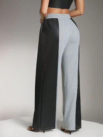 Denimoi Wide Leg PU Leather Mixed Sweatpants With Pockets