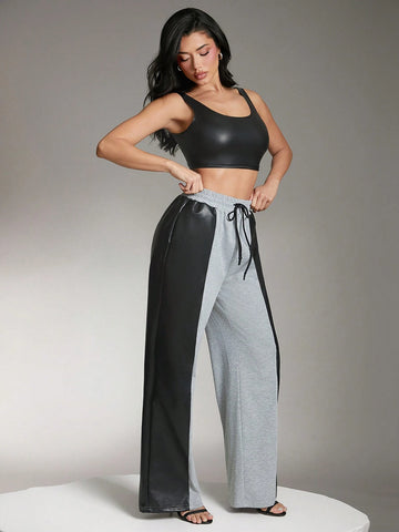 Denimoi Wide Leg PU Leather Mixed Sweatpants With Pockets