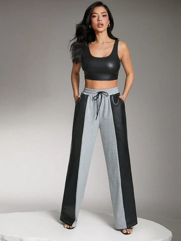 Denimoi Wide Leg PU Leather Mixed Sweatpants With Pockets
