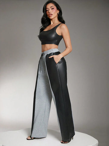 Denimoi Wide Leg PU Leather Mixed Sweatpants With Pockets