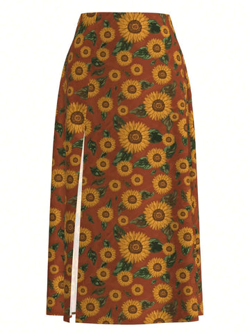 Denise Mayang Artist Vacation Sunflower Print Split Thigh Skirt