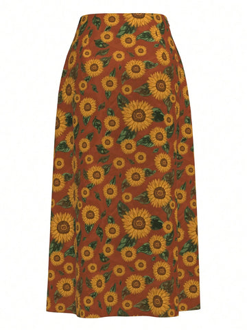 Denise Mayang Artist Vacation Sunflower Print Split Thigh Skirt
