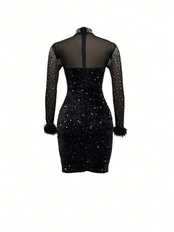 Diamond-Embellished Mesh Mini Long Sleeve Feather Patchwork Dress