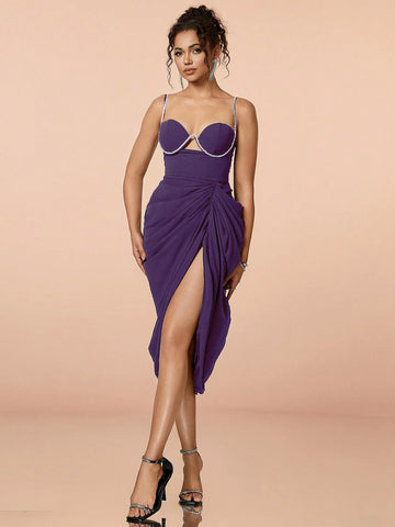 Diamond Chain & Pleats Detailing Bodycon Dress For Cocktail Party