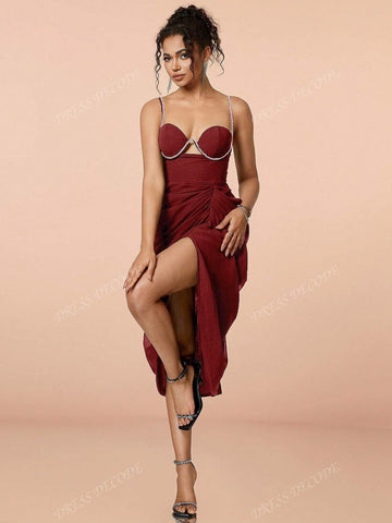 Diamond Decorated Chains Fold Fitted Slit To Thigh Ladies Evening Gown