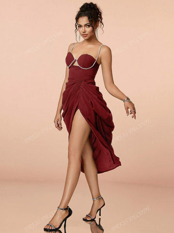 Diamond Decorated Chains Fold Fitted Slit To Thigh Ladies Evening Gown