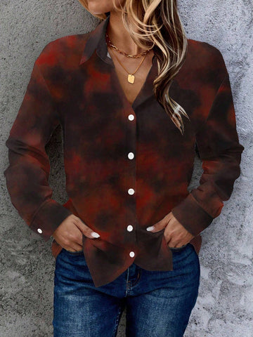 Digital Printed Loose Casual Elegant Comfortable Long Sleeve Shirt For Women, Pleated Collar, Button Up