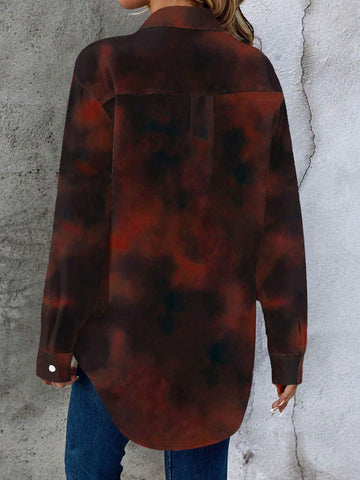 Digital Printed Loose Casual Elegant Comfortable Long Sleeve Shirt For Women, Pleated Collar, Button Up