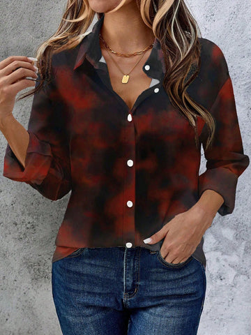 Digital Printed Loose Casual Elegant Comfortable Long Sleeve Shirt For Women, Pleated Collar, Button Up
