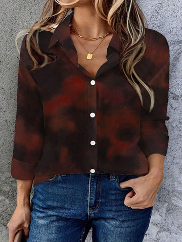 Digital Printed Loose Casual Elegant Comfortable Long Sleeve Shirt For Women, Pleated Collar, Button Up