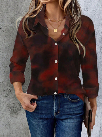 Digital Printed Loose Casual Elegant Comfortable Long Sleeve Shirt For Women, Pleated Collar, Button Up