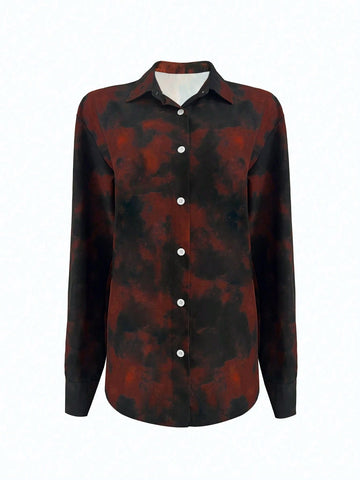 Digital Printed Loose Casual Elegant Comfortable Long Sleeve Shirt For Women, Pleated Collar, Button Up