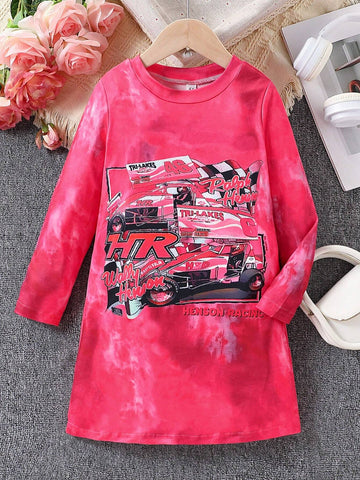 Digital Tie-Dye & Racing Car Print Long Sleeve Round Neck Casual Dress For Young Girls, Suitable For Summer, Outdoor, Leisure, Travel, Vacation, Party, Spring & Autumn
