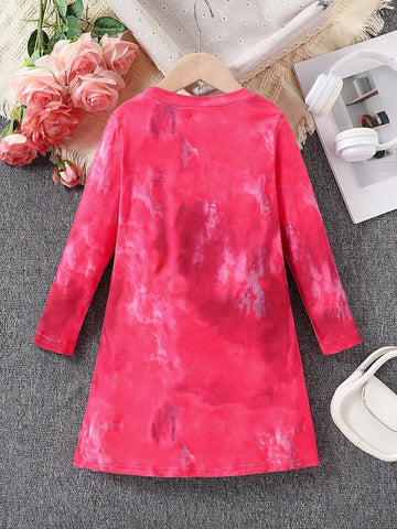 Digital Tie-Dye & Racing Car Print Long Sleeve Round Neck Casual Dress For Young Girls, Suitable For Summer, Outdoor, Leisure, Travel, Vacation, Party, Spring & Autumn