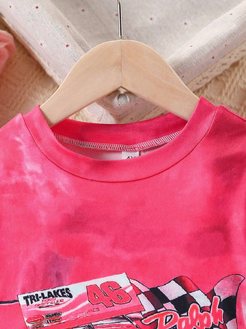 Digital Tie-Dye & Racing Car Print Long Sleeve Round Neck Casual Dress For Young Girls, Suitable For Summer, Outdoor, Leisure, Travel, Vacation, Party, Spring & Autumn