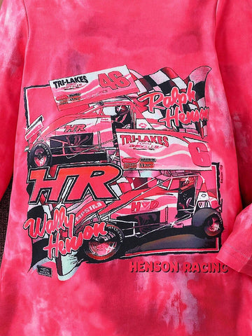 Digital Tie-Dye & Racing Car Print Long Sleeve Round Neck Casual Dress For Young Girls, Suitable For Summer, Outdoor, Leisure, Travel, Vacation, Party, Spring & Autumn