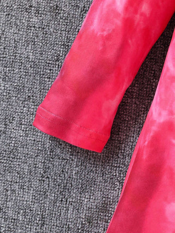 Digital Tie-Dye & Racing Car Print Long Sleeve Round Neck Casual Dress For Young Girls, Suitable For Summer, Outdoor, Leisure, Travel, Vacation, Party, Spring & Autumn