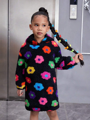 Ditsy Floral Knitted Fuzzy Hooded Loose Casual Sweatshirt Dress For Young Girls