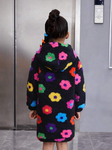 Ditsy Floral Knitted Fuzzy Hooded Loose Casual Sweatshirt Dress For Young Girls