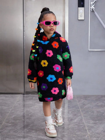 Ditsy Floral Knitted Fuzzy Hooded Loose Casual Sweatshirt Dress For Young Girls