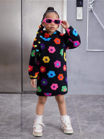 Ditsy Floral Knitted Fuzzy Hooded Loose Casual Sweatshirt Dress For Young Girls