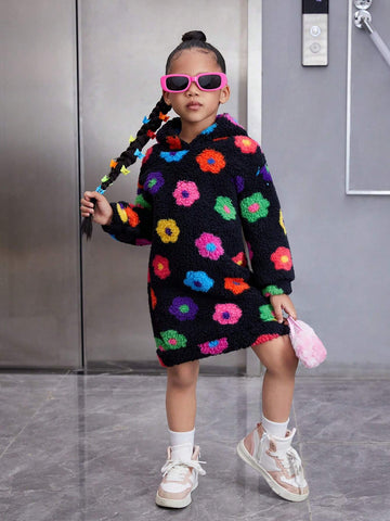 Ditsy Floral Knitted Fuzzy Hooded Loose Casual Sweatshirt Dress For Young Girls