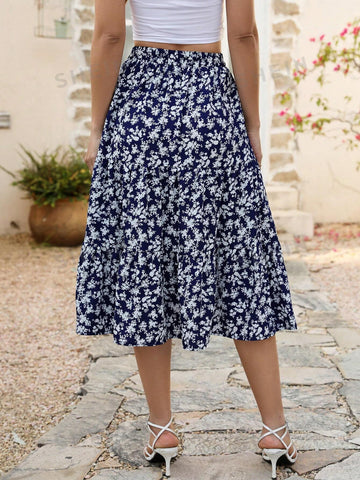Ditsy Floral Print Slant Pocket Ruffle Hem Skirt