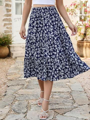 Ditsy Floral Print Slant Pocket Ruffle Hem Skirt