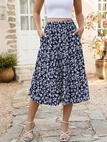 Ditsy Floral Print Slant Pocket Ruffle Hem Skirt