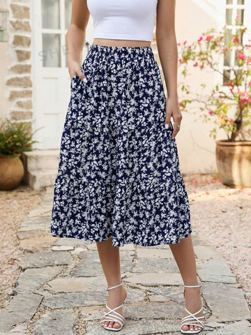 Ditsy Floral Print Slant Pocket Ruffle Hem Skirt