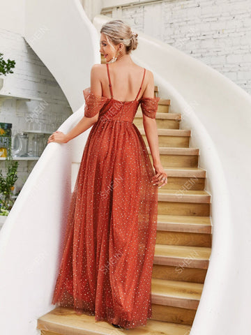 Dobby Mesh Cold Shoulder Ruched Bridesmaid Dress