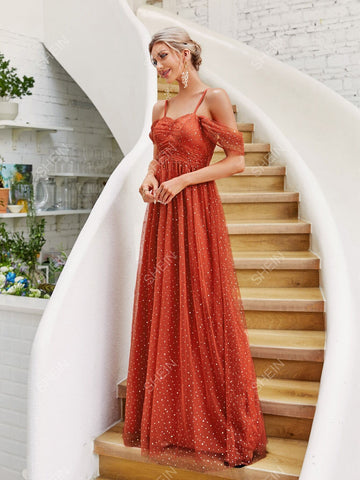 Dobby Mesh Cold Shoulder Ruched Bridesmaid Dress