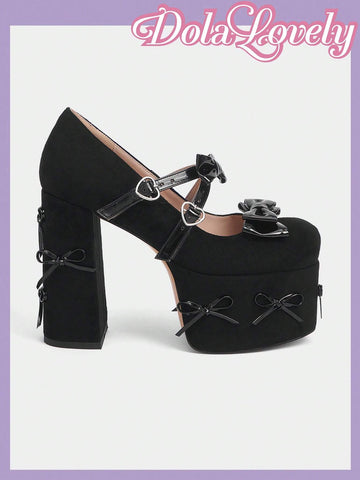 Fashionable & Comfortable Black Suede High Heels With Decorative Bow & Pendant,