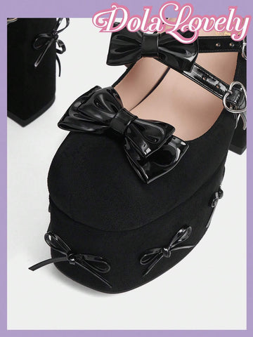 Fashionable & Comfortable Black Suede High Heels With Decorative Bow & Pendant,