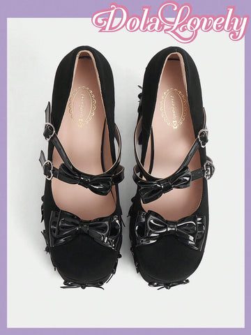 Fashionable & Comfortable Black Suede High Heels With Decorative Bow & Pendant,