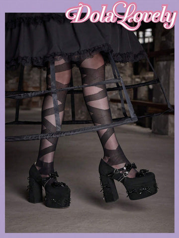 Fashionable & Comfortable Black Suede High Heels With Decorative Bow & Pendant,