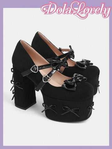 Fashionable & Comfortable Black Suede High Heels With Decorative Bow & Pendant,
